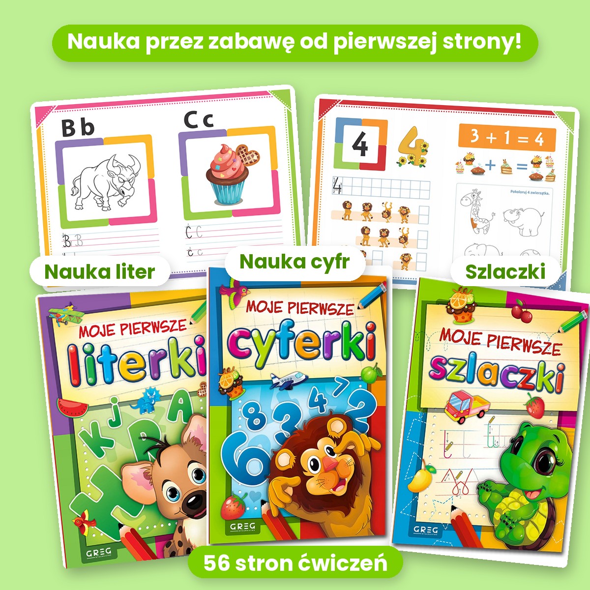 Książeczki Moje pierwsze literki, cyferki i szlaczki z przykładowymi stronami