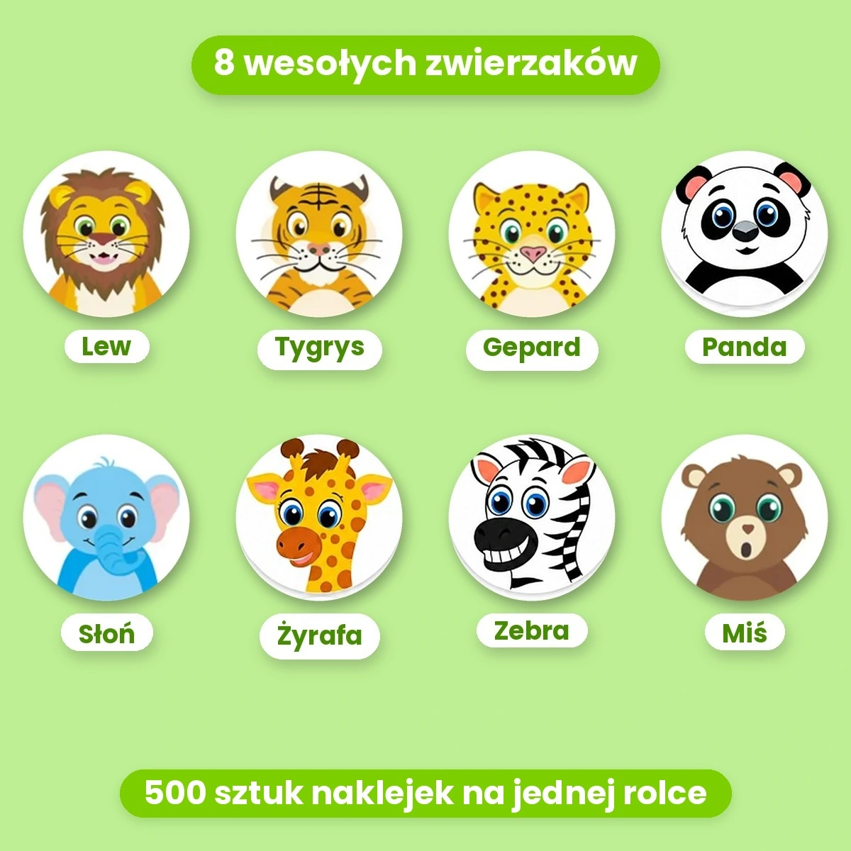 Nagrodlejki – 8 wzorów zwierzaków, 500 sztuk naklejek na jednej rolce