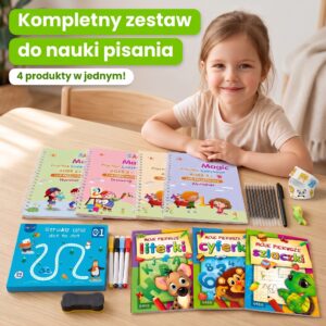 Kompletny zestaw do nauki pisania: 4 książeczki Czaropis z długopisem, 10 wkładami i nakładką, Zakręcone Tabliczki, Literkowe ścieżki, Nagrodlejki