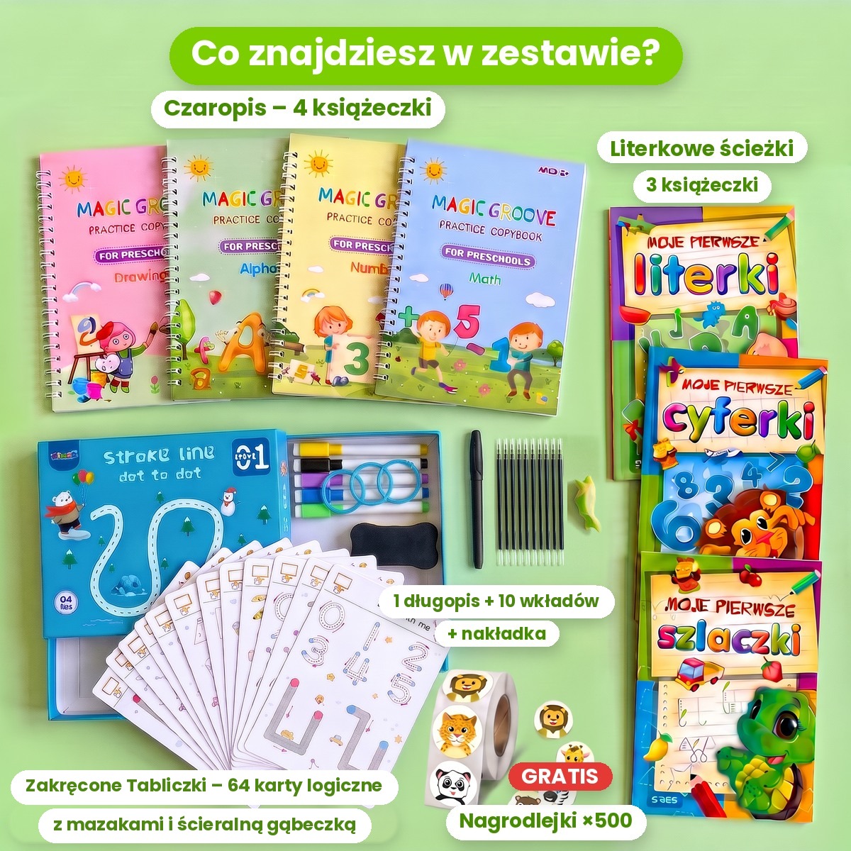 Zawartość kompletnego zestawu do nauki pisania: Czaropis z długopisem i 10 wkładami, Zakręcone Tabliczki z mazakami i gąbeczką, Literkowe ścieżki, Nagrodlejki